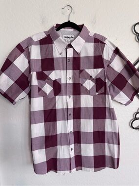 ABLANCHE Men's Short-Sleeve Plaid Button Down Shirt - Maroon & White - XXL